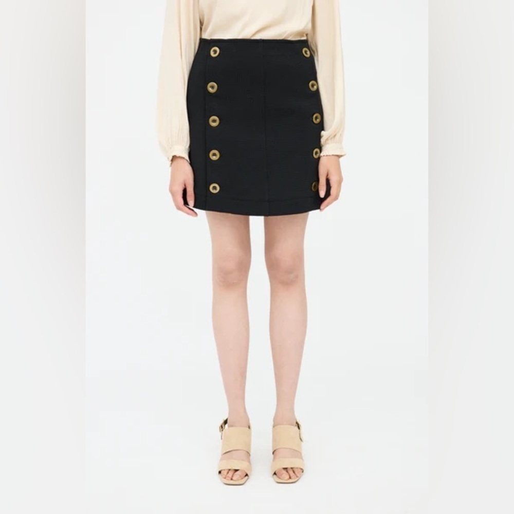 NWT Chloe Black Wool Knit Mini Skirt Gold Tone Button Detail FR 42 (US 10)